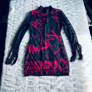 Black and neon pink See through long sleeve dress size L